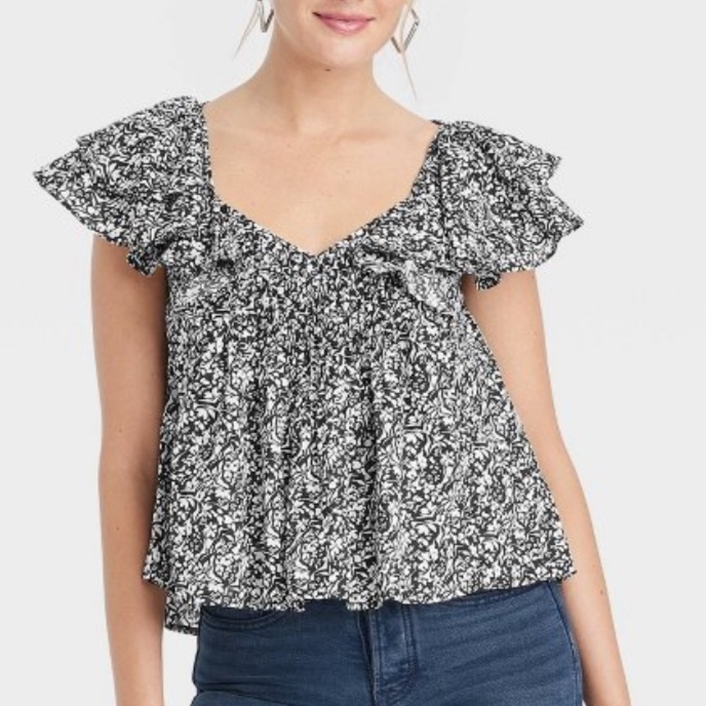Black Floral Ruffle Top Short Sleeve Blouse Target Flutter Universal Thread™
